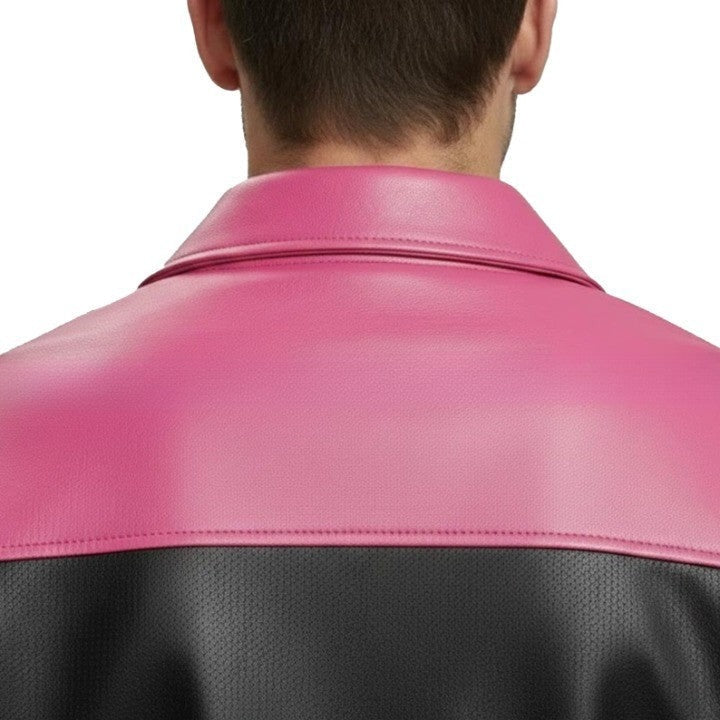 Pink and Black Mens Genuine Leather Jacket with Zip Front and Contrast Panel Styling