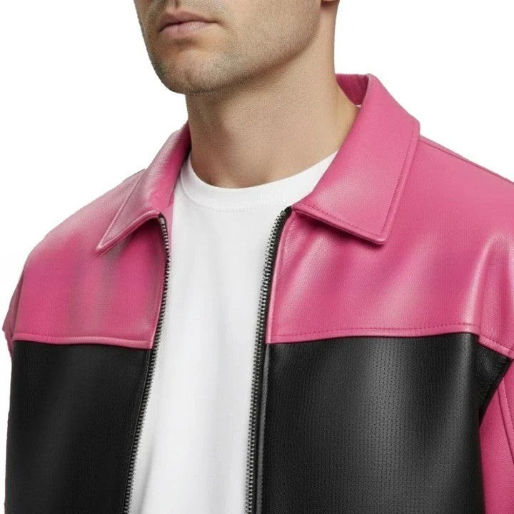 Pink and Black Mens Genuine Leather Jacket with Zip Front and Contrast Panel Styling