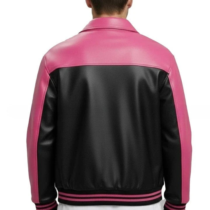 Pink and Black Mens Genuine Leather Jacket with Zip Front and Contrast Panel Styling