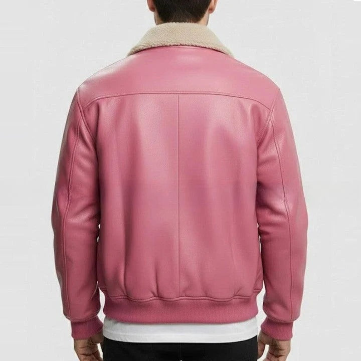 Pink Leather Jacket with Soft Shearling Collar for Men