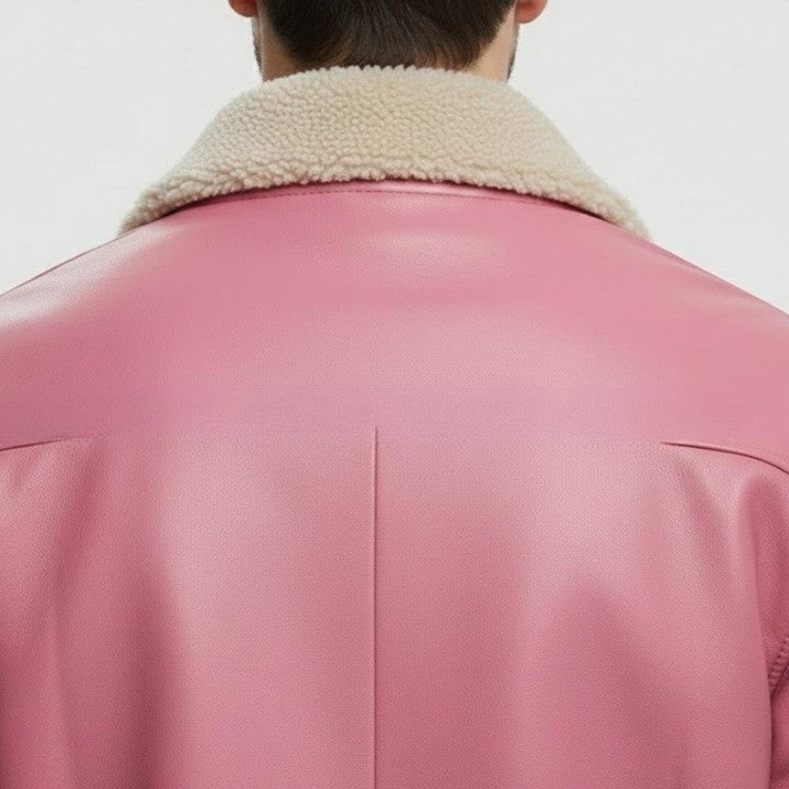 Pink Leather Jacket with Soft Shearling Collar for Men