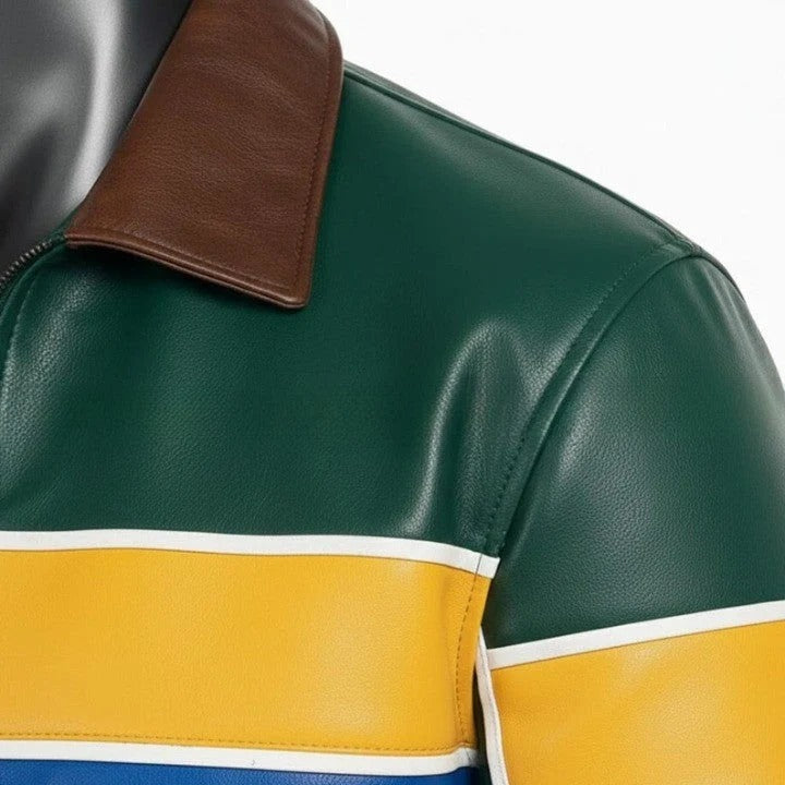 Genuine Leather green Jacket with Yellow And Blue Accent Panels