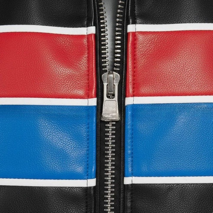 Black Jacket with Red and Blue Panel Design For Men Genuine Leather Puffer Coat
