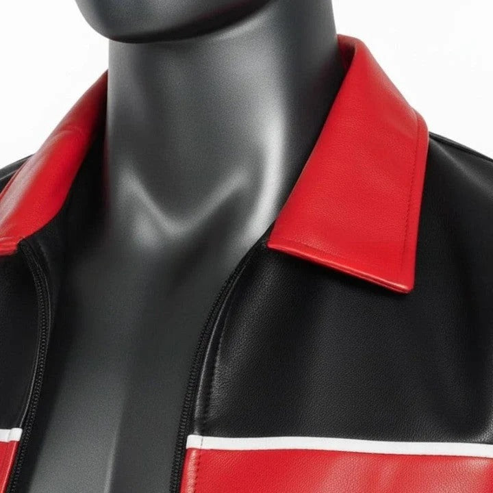 Black Jacket with Red and Blue Panel Design For Men Genuine Leather Puffer Coat