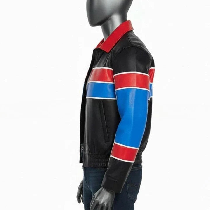 Black Jacket with Red and Blue Panel Design For Men Genuine Leather Puffer Coat