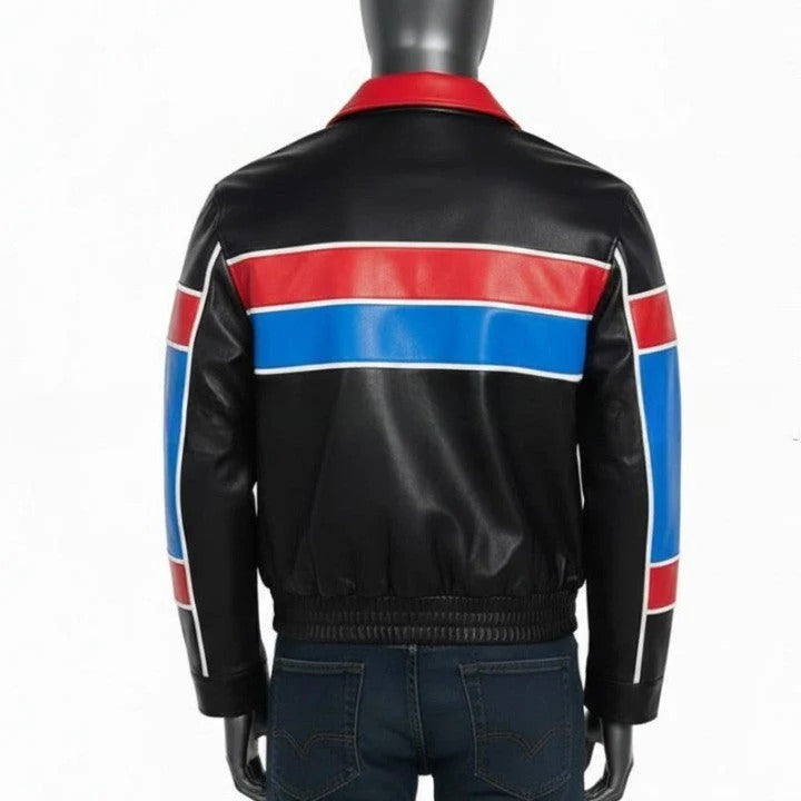 Black Jacket with Red and Blue Panel Design For Men Genuine Leather Puffer Coat