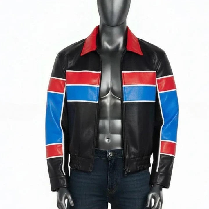 Black Jacket with Red and Blue Panel Design For Men Genuine Leather Puffer Coat