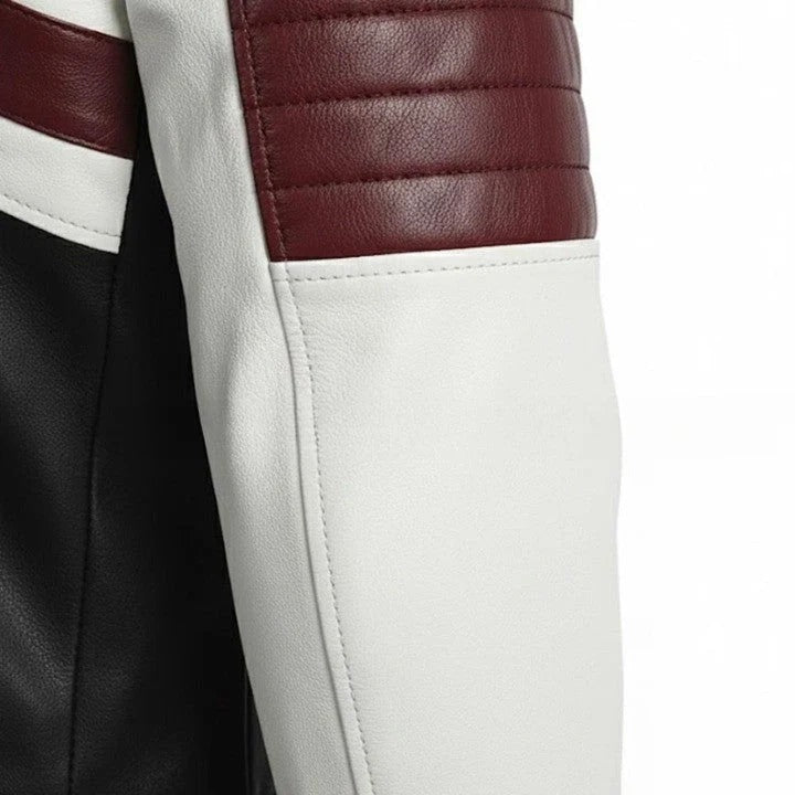 Mens Genuine Leather Racing Jacket Contrast Panel Fashion Coat