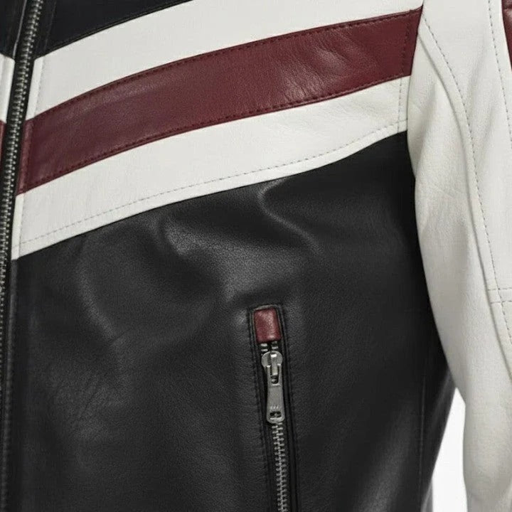 Mens Genuine Leather Racing Jacket Contrast Panel Fashion Coat