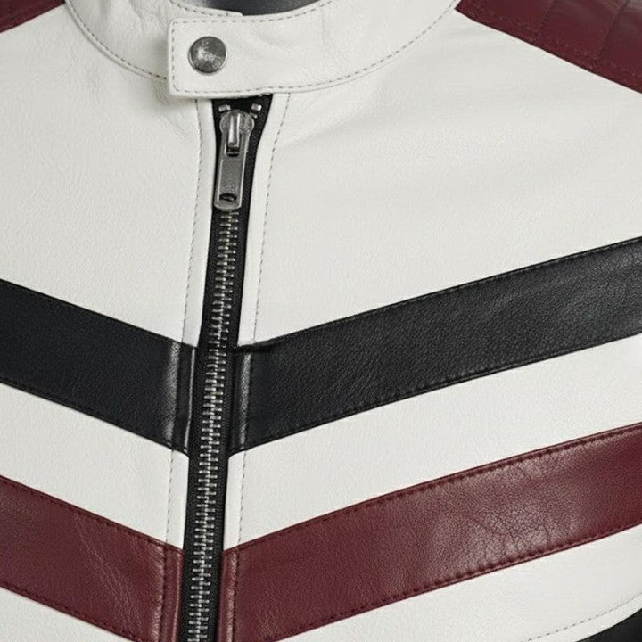 Mens Genuine Leather Racing Jacket Contrast Panel Fashion Coat