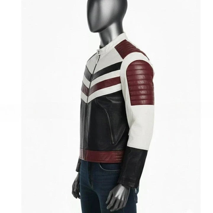 Mens Genuine Leather Racing Jacket Contrast Panel Fashion Coat
