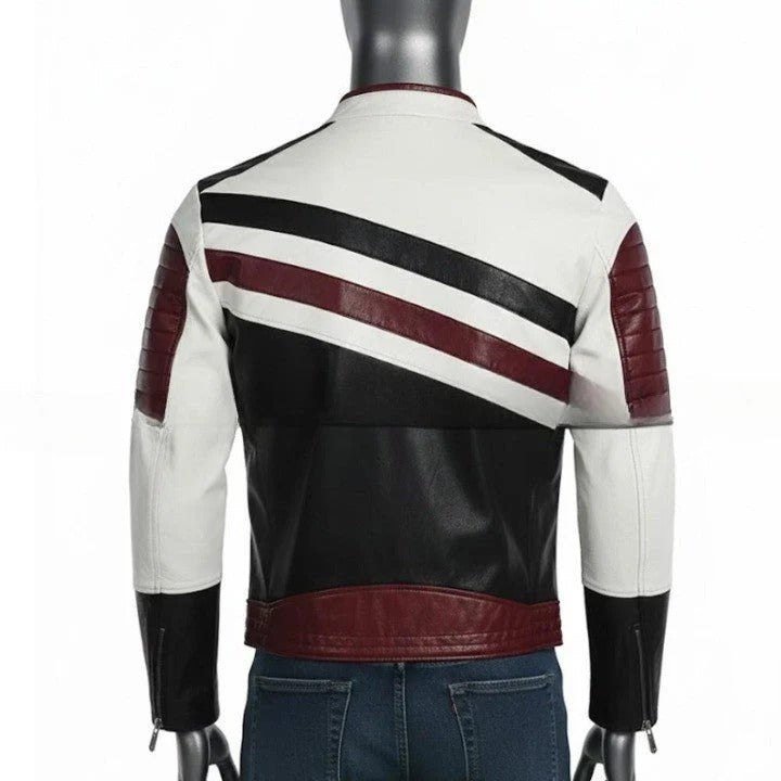 Mens Genuine Leather Racing Jacket Contrast Panel Fashion Coat
