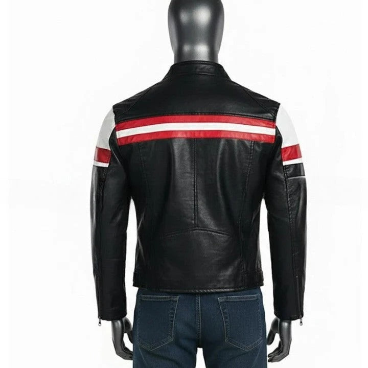 Mens Brown Leather Jacket with Cream Panel Design Modern Zip Front Casual Jacket