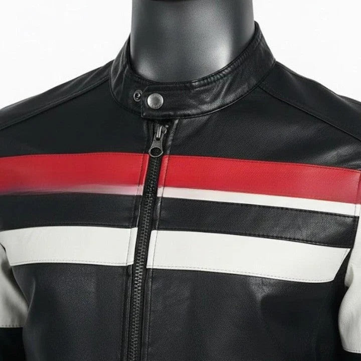 Mens Brown Leather Jacket with Cream Panel Design Modern Zip Front Casual Jacket