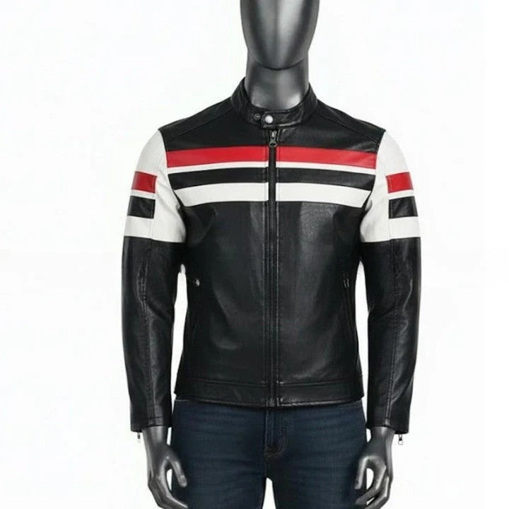 Mens Brown Leather Jacket with Cream Panel Design Modern Zip Front Casual Jacket