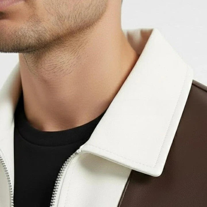 Two Tone Genuine Leather Jacket Cream Brown Zip Front