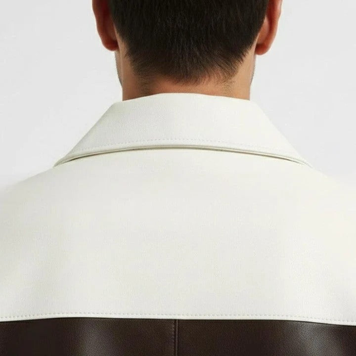 Two Tone Genuine Leather Jacket Cream Brown Zip Front
