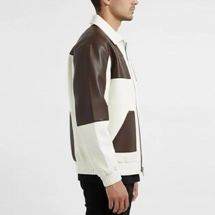 Two Tone Genuine Leather Jacket Cream Brown Zip Front