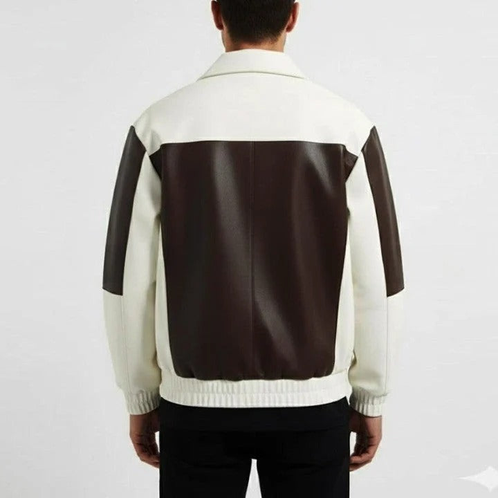 Two Tone Genuine Leather Jacket Cream Brown Zip Front