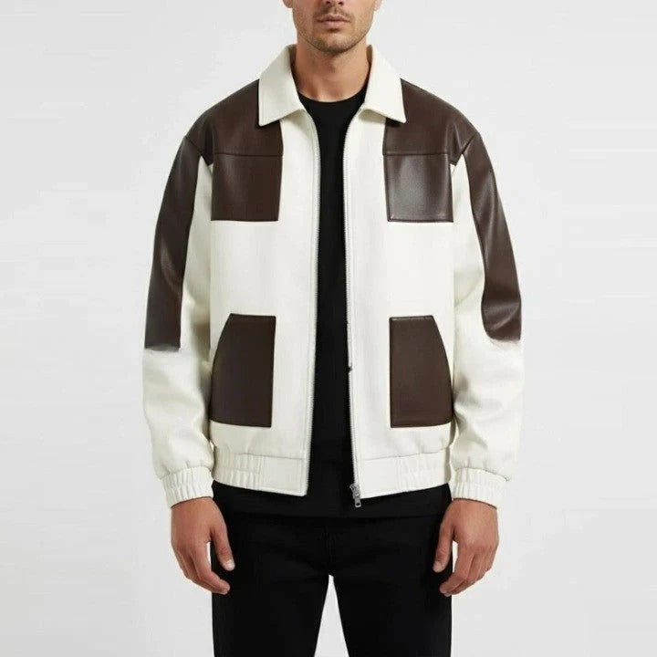 Two Tone Genuine Leather Jacket Cream Brown Zip Front