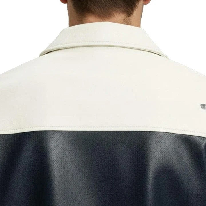 Two Tone Black and Cream Mens Leather Jacket with Front Zip and Ribbed Cuffs