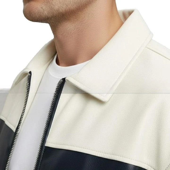 Two Tone Black and Cream Mens Leather Jacket with Front Zip and Ribbed Cuffs