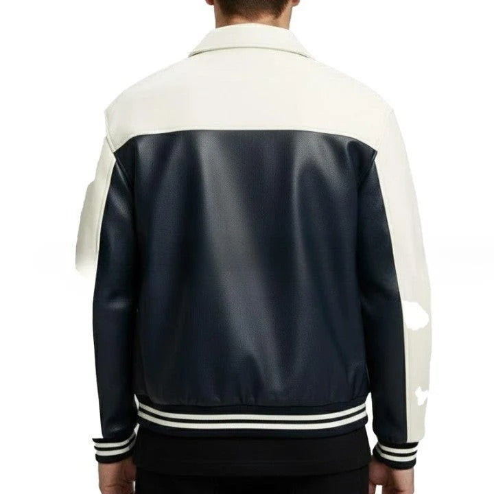 Two Tone Black and Cream Mens Leather Jacket with Front Zip and Ribbed Cuffs