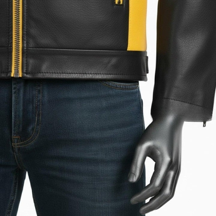 Mens TwoTone Genuine Leather Jacket Black Yellow Trim