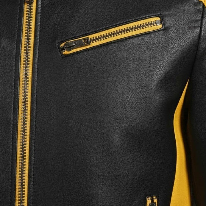 Mens TwoTone Genuine Leather Jacket Black Yellow Trim