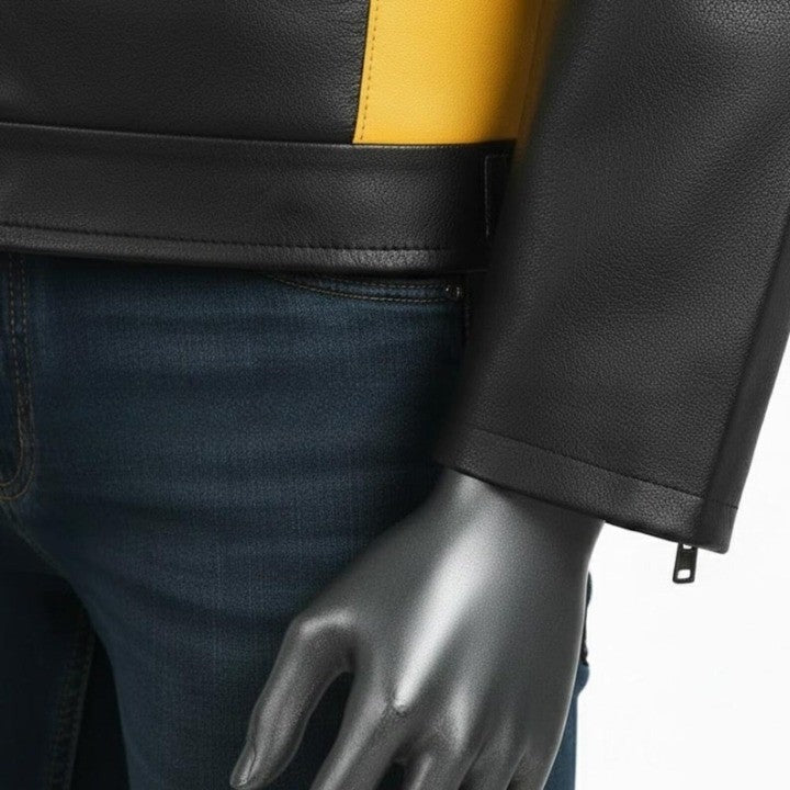 Mens TwoTone Genuine Leather Jacket Black Yellow Trim