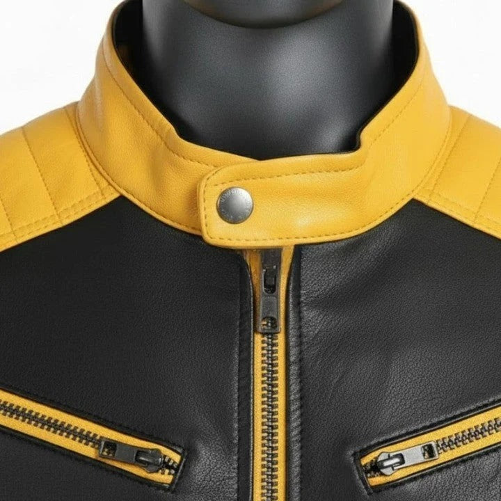 Mens TwoTone Genuine Leather Jacket Black Yellow Trim