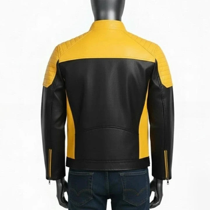Mens TwoTone Genuine Leather Jacket Black Yellow Trim