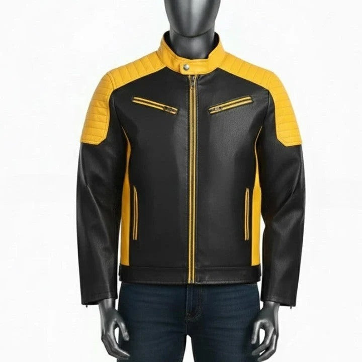 Mens TwoTone Genuine Leather Jacket Black Yellow Trim