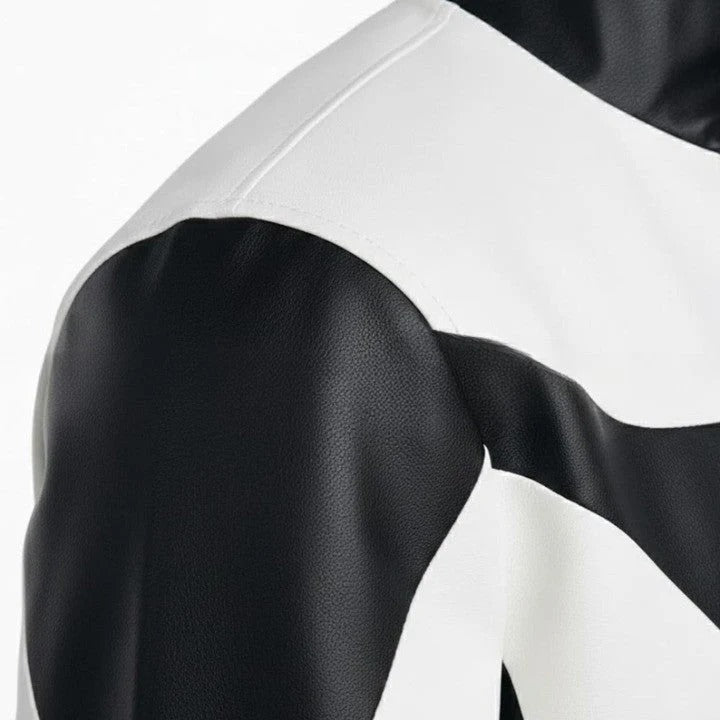Mens TwoTone Genuine Leather Jacket Black White Street Style