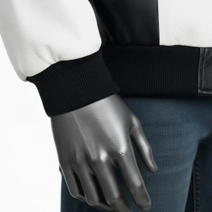 Mens TwoTone Genuine Leather Jacket Black White Street Style