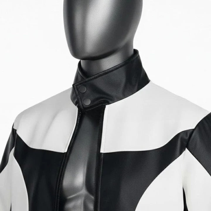 Mens TwoTone Genuine Leather Jacket Black White Street Style