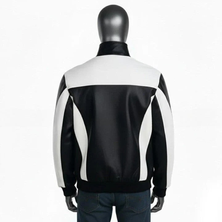 Mens TwoTone Genuine Leather Jacket Black White Street Style