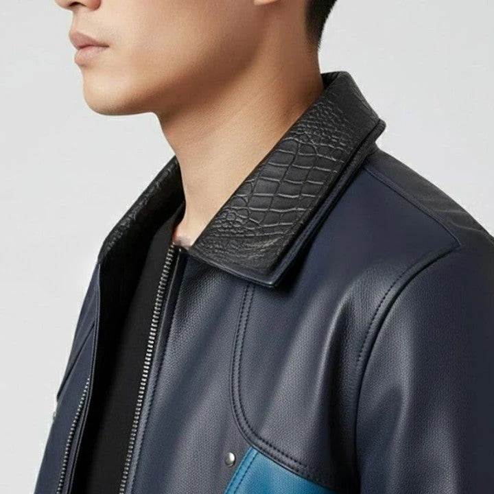 Mens Two Tone Leather Jacket Navy Teal Zip Up Casual Biker Style Coat (Copy)