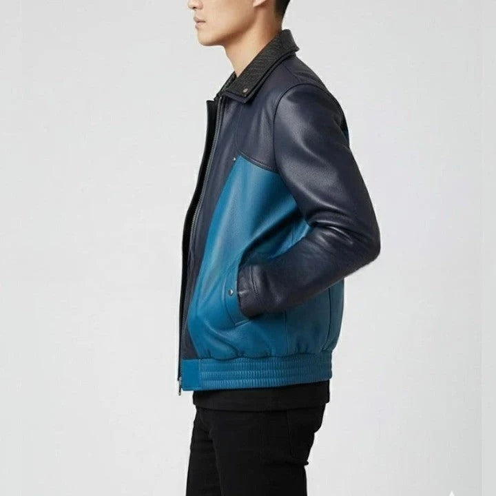 Mens Two Tone Leather Jacket Navy Teal Zip Up Casual Biker Style Coat (Copy)