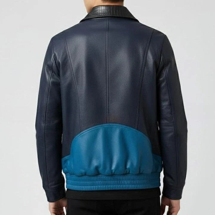 Mens Two Tone Leather Jacket Navy Teal Zip Up Casual Biker Style Coat