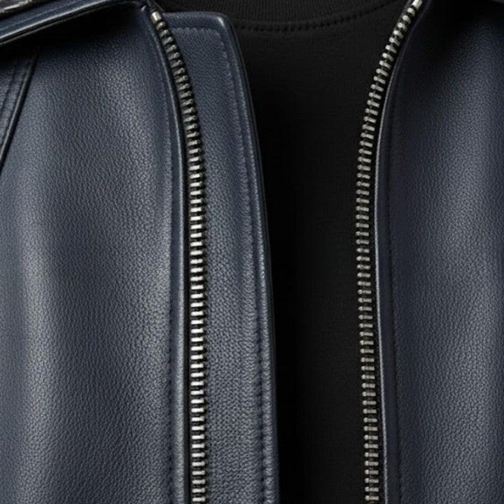 Mens Two Tone Leather Jacket Navy Teal Zip Up Casual Biker Style Coat (Copy)