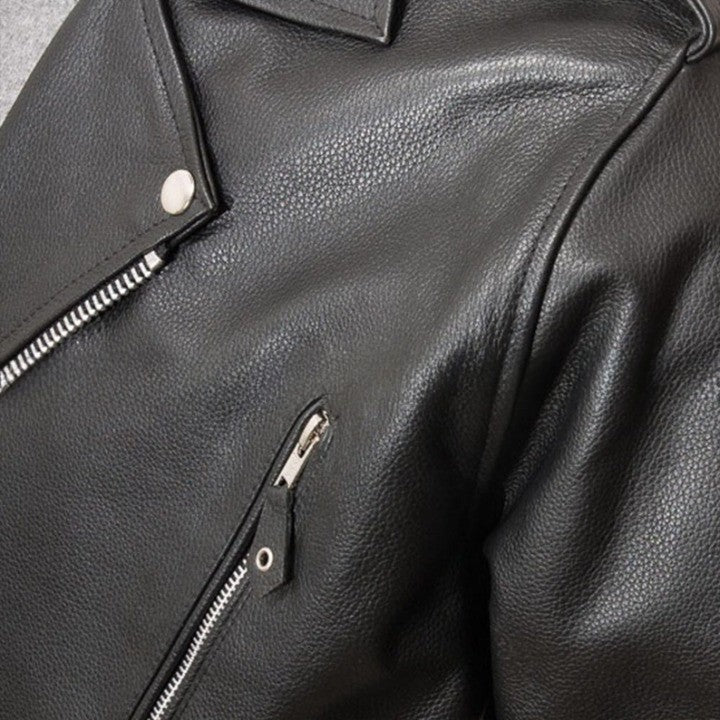 Genuine Leather Black Biker Jacket with Studded Shoulder Details