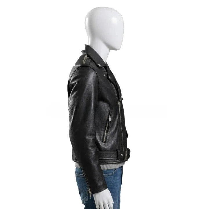 Genuine Leather Black Biker Jacket with Studded Shoulder Details