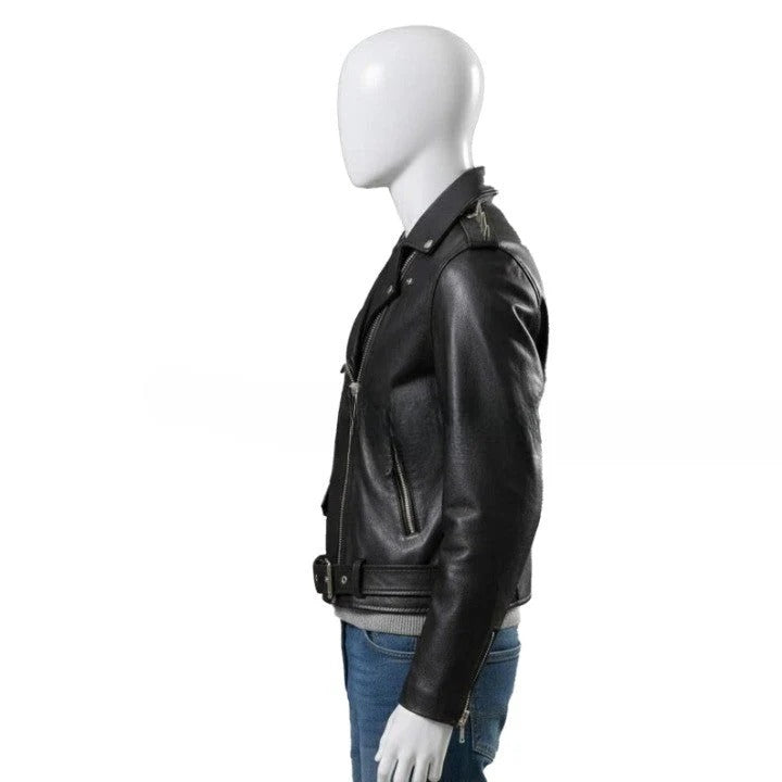 Genuine Leather Black Biker Jacket with Studded Shoulder Details