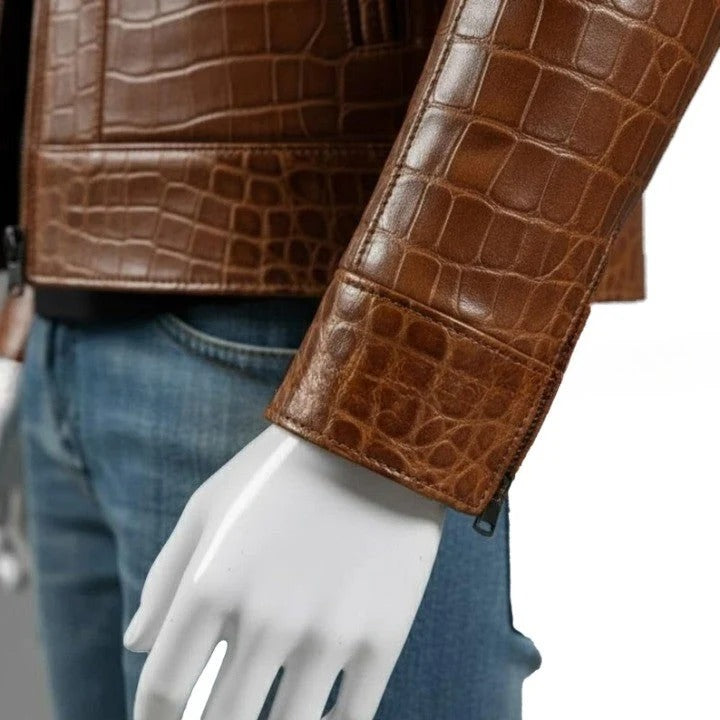 Mens Brown Crocodile Texture Genuine Leather Jacket