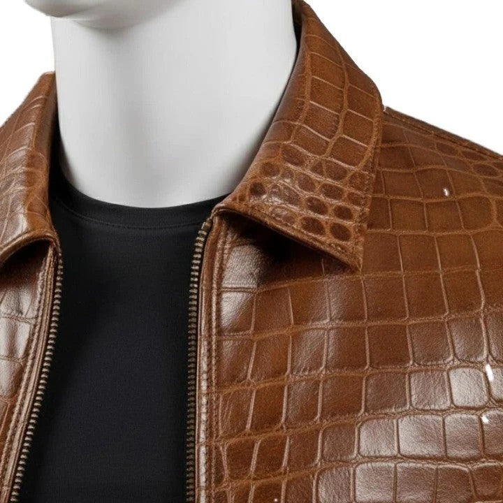 Mens Brown Crocodile Texture Genuine Leather Jacket