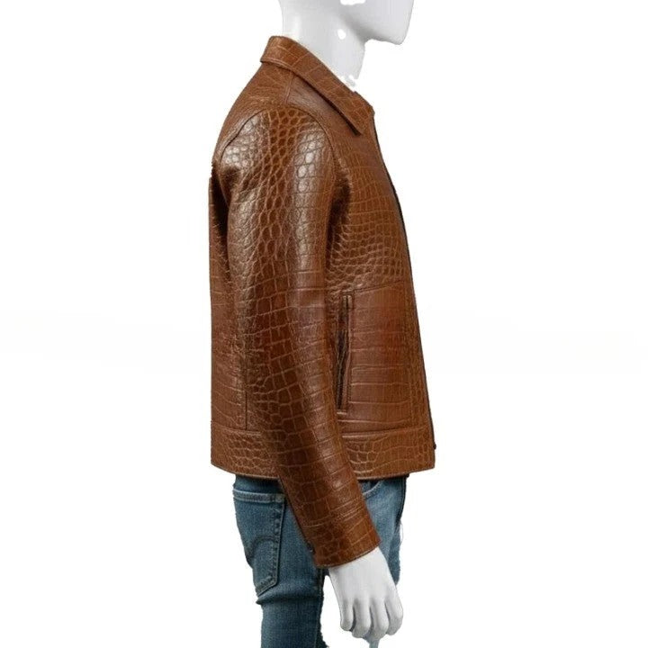 Mens Brown Crocodile Texture Genuine Leather Jacket