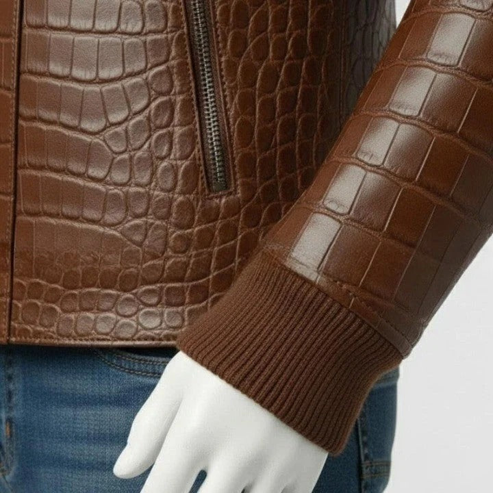Mens Brown Crocodile Embossed Genuine Leather Jacket Slim Fit