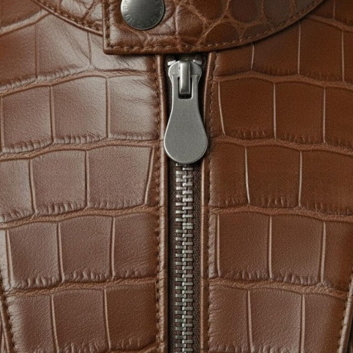 Mens Brown Crocodile Embossed Genuine Leather Jacket Slim Fit