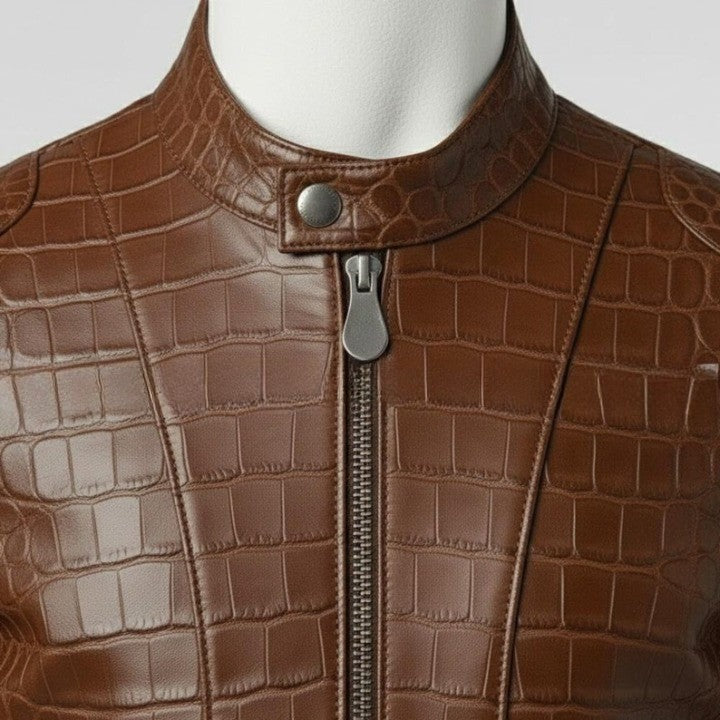 Mens Brown Crocodile Embossed Genuine Leather Jacket Slim Fit